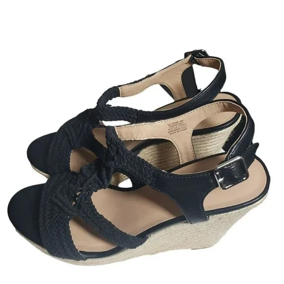 Sun Stone Womens Black Crochet Open Toe Espadrille Wedge Sandals Sz 9 9.5 8.5 10 - Picture 4 of 11